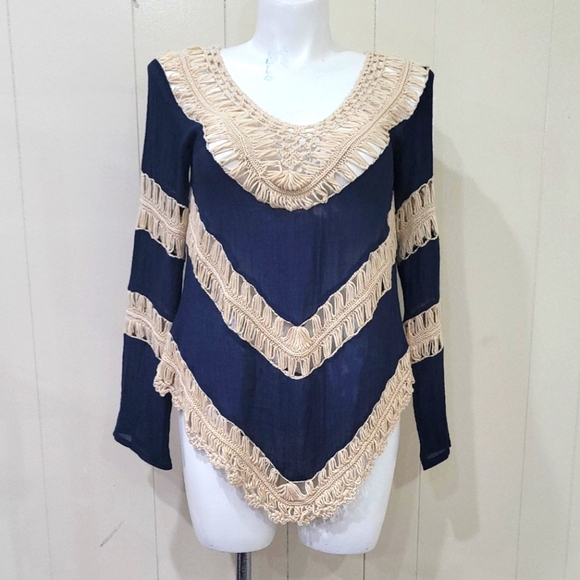 Umgee Tops - Umgee Chevron Crochet Bohemian Blouse Women Size Small Long Sleeve